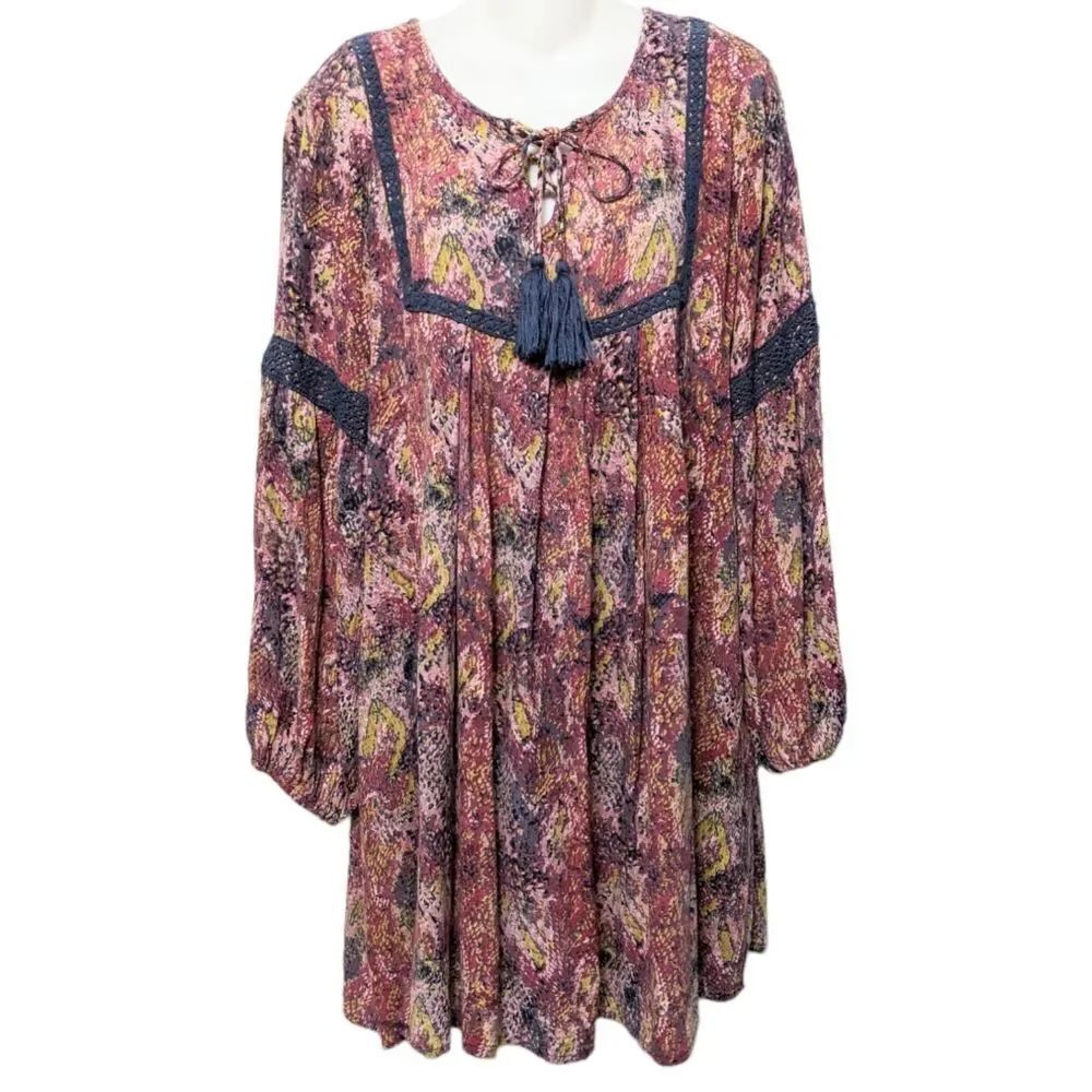 WORLD MARKET Mythical Multicolor Snake Print Tassel Boho Dress L/XL